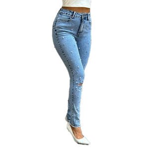 Vaqueros cortos de mujer con bordado de perlas, de talle alto y pierna recta, para uso exterior, pantalones vaqueros de mezclilla para mujer - Product Image 1