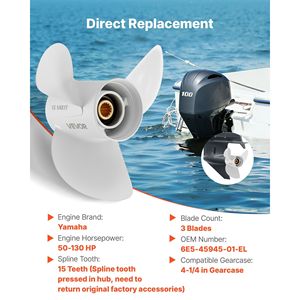 Elica Marina in Alluminio a 15 Denti per Motori Fuoribordo Yamaha 50-130 HP, Compatibile con Elica OEM da 4-1/4 Pollici - Product Image 2