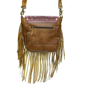 Superior Quality Latigo Color Leather Floral Tooled Crossbody Bag Western Style Cowgirl Bag With <b>Fringe</b> & Strap <b>Top</b> Supplier - Product Image 4
