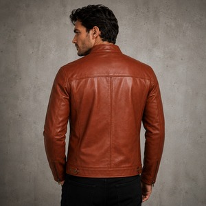 Men <b>Leather</b> Biker <b>Jacket</b> Stylish Motorcycle Inspired Zip Up Front Stand Collar <b>Long</b> Sleeve Casual Outerwear with Modern Design - Product Image 4
