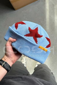 Cosh International <b>Light</b> Blue Knitted Beanie With Red <b>Star</b> And Moon Embroidery Unisex Winter Hat Casual Style - Product Image 6