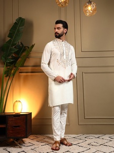 <b>Men</b> White Embroidered <b>Kurta</b> <b>Pajama</b> Set Regular Fit Traditional Indian Pakistani Wedding Wear Knee-Length - Product Image 3