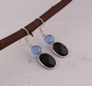 Natural Black Onyx & Blue Quartz <b>Earrings</b> 925 <b>Sterling</b> <b>Silver</b> Jewelry Manufacturer Wholesale Handmade Gemstone Drop <b>Dangle</b> - Product Image 1