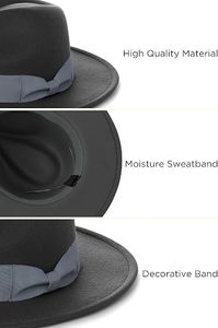 Black Wool Felt Fedora <b>Hat</b> Ribbon <b>Band</b> Adjustable Wide Brim Unisex Classic Style for Party Outdoor Travel - Product Image 2