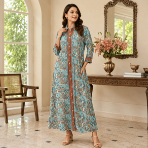 Vestido Maxi de Seda de Alta Calidad, Talla Única, Azul Carmesí, Estilo Vintage, Paisley Mandala |   Ropa de Estilo Bohemio con Estampado Étnico para Vacaciones en Ibiza - Product Image 2