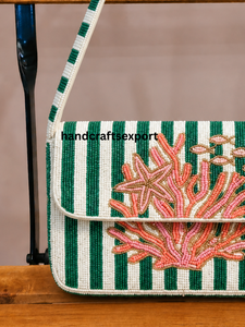 Custom Handmade Embroidery Coral Reef Beaded Eco-Friendly Shoulder Bag <b>Green</b> White Striped Ocean Theme Crossbody <b>Purse</b> Wholesale - Product Image 3