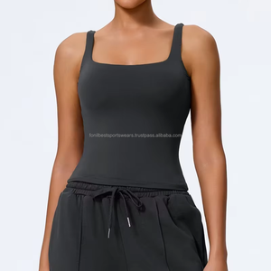 Haut court sans couture à col carré et bretelles spaghetti, anti-transpiration, noir uni, pour le yoga, pour femmes - Product Image 1