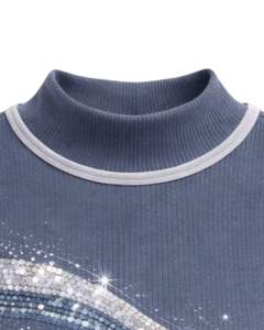 Débardeur côtelé bleu acier personnalisé pour femme avec col montant et motif vague en strass, sans manches, été, fabrication sur mesure - Product Image 3