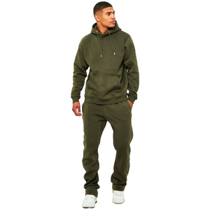 Mens Winter Solid Olive Green Heavyweight Fleece 100% Cotton <b>Hoodie</b> Jogger Pants Set Custom Logo Two Piece Tracksuit Casual - Product Image 2