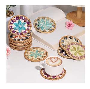 Natural Material Mother Pearl Coaster with Rattan Border Eco-Friendly Dinnerware Table <b>Placemats</b> <b>Set</b> Affordable Budget - Product Image 6