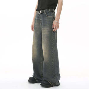 Jean large pour homme en denim délavé, coupe décontractée taille haute, style streetwear, en coton pour l'automne - Product Image 3