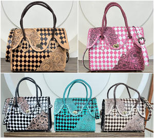 Nouveauté 2026 Sac fourre-tout en cuir de vache véritable à carreaux, style floral, élégant, sac à main pour femme, porté épaule et bandoulière, pour un usage quotidien - Product Image 4