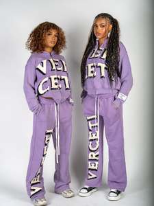 Custom Acid Wash Women's Purple Tracksuit Hoodie and Wide Leg Sweatpants Full Zipper Streetwear <b>Set</b> Letter Print Loose Fit 2026 - Product Image 1