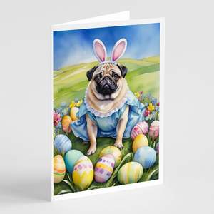 Whimsical A7 Size 5x7 Blank <b>Note</b> <b>Cards</b> Pug Easter Egg Hunt <b>Greeting</b> <b>Card</b> Pack of 8 with Envelopes - Product Image 1