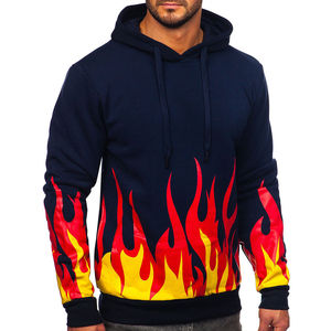 Sweat-shirt à capuche bleu marine pour homme avec manches imprimées flamme, coupe classique, décontracté, en polyester tricoté, pour l'automne - Product Image 1