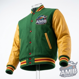 Veste universitaire verte pour homme en cuir véritable avec manches jaunes et boutons rouges, style décontracté universitaire, respirante, idéale pour l'automne - Product Image 2