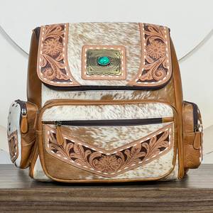 Ensemble de bagages de voyage 2 pièces en cuir de vachette floral façonné à la main avec conchos en pierre turquoise, sac de voyage et sac à dos - Product Image 4