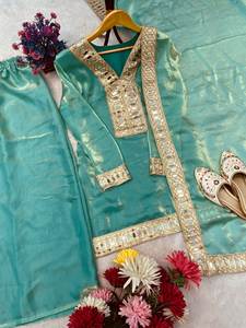 ชุดคุर्ติผ้าไหมเฟนดี้พรีเมียมปักลายกระจก พร้อมกางเกงปาลาซโซ่ และผ้าคลุมไหล่ดีไซเนอร์ - Product Image 5