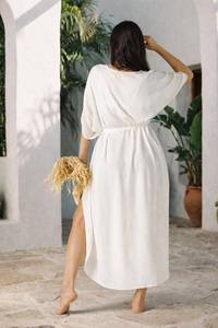 Vestido Kaftán Maxi de Lino Premium, Estilo Vintage Formal y Dulce, Transpirable, Lavable, Hecho a Mano, Corte Holgado con Dobladillo Acampanado - Product Image 2