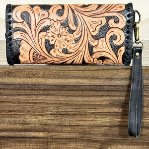 New Arrival 2026 Clutch with Hand Tooled Floral Tooling & 777 Machine Slot Cowhide Leather Clutch Luxury Design <b>Wristlet</b> Purses - Product Image 5