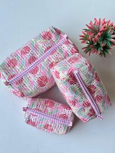 Ensemble de 3 trousses de toilette vintage indiennes matelassées, durables pour les voyages, motif floral, fermeture éclair, pochette à maquillage portable - Product Image 4