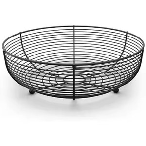 Panier à fruits rond en métal avec couvercle en bois, conteneur de rangement rustique pour cuisine, design en fil métallique blanc, panier en fer moderne pour la maison - Product Image 5