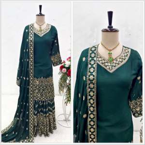 Salwar Kameez de Seda de Diseñador, Top-Sarara con Dupatta para Fiestas - Product Image 5