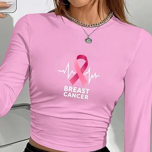 Camiseta de manga larga estilo Y2K para mujer con estampado de lazo rosa de concienciación sobre el cáncer de mama, top de punto de poliéster y elastano con cuello redondo, A - Product Image 5