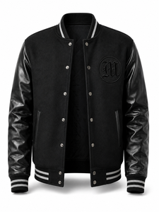 Chaqueta Varsity Negra Unisex, Ecológica, Resistente al Viento, de Lana/Poliéster, con Cuello Camisero, Letra M Bordada en la Parte Delantera, Estilo Casual con Parches - Product Image 1