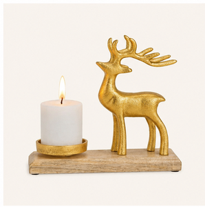 Porte-bougie en métal en forme de renne doré artisanal avec base en bois de manguier naturel, figurine de Noël élégante et vaisselle festive - Product Image 4