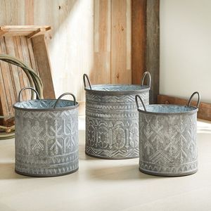 Galvanized Metal Planters Set With Embossed Pattern And Handles For <b>Garden</b> Use - Product Image 1