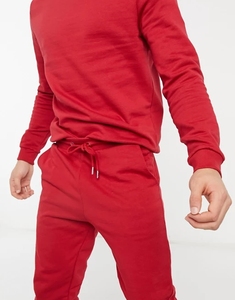 Survêtement pour homme, couleur rouge unie, col rond, manches longues, jogging décontracté avec poches latérales, taille élastique, polyester mi-lourd - Product Image 4