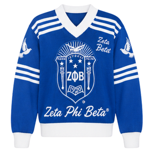 Zeta Phi Beta Knit V Neck Sweater <b>Women</b> <b>Royal</b> <b>Blue</b> White Stripe Sleeve Embroidered Crest Dove 1920 Pullover <b>Jumper</b> Sorority - Product Image 3