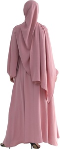 Robe longue modeste à coupe trapèze avec col rond et manches longues en crêpe rose uni pour femme - Product Image 2