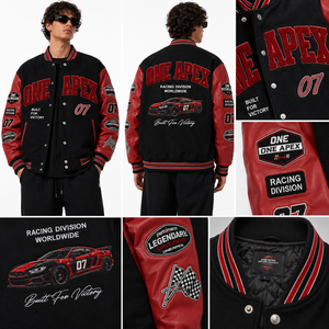 Chaqueta Varsity de Cuero para Hombre One Apex, Diseño con Parches Bordados Rojos y Negros, Estilo Urbano Universitario, Chaqueta Bomber - Product Image 3