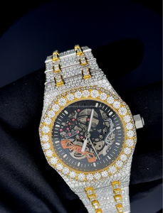 Reloj de Lujo Personalizado para Hombre, Estilo Hip Hop, con Diamantes Moissanite, Esqueleto, Oro Amarillo, Dos Tonos, Correa de Acero Inoxidable Completamente Adornada - Product Image 4