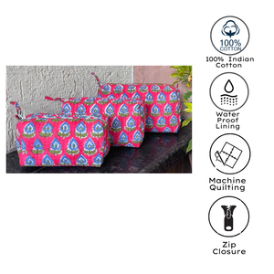Juego de neceseres de algodón acolchado con estampado floral rosa y azul de Jaipur, con cierre de cremallera, forro interior de PVC, lavable y duradero. - Product Image 3