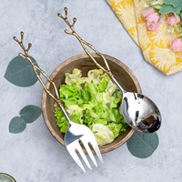 Juego de Cucharas para Ensalada de Lujo, Diseño de Hoja Arrugada, Chapado en Oro, Ecológico, de Metal, con Mango Largo, Acero Inoxidable Espejo, para Bodas