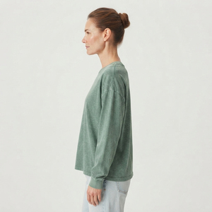 T-shirt décontracté en coton à manches longues et col rond pour femme, coupe ample, couleur unie, respirant, idéal pour l'été, effet délavé - Product Image 3