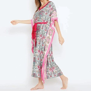 Women Floral Print Chiffon <b>Kaftan</b> Dress V-Neck Cap Sleeve Floor-Length Modest Evening Gown With Pink Ribbon Trim - Product Image 2