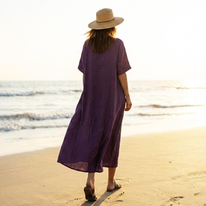 <b>Bell</b> <b>Sleeve</b> High Waist Handmade Vintage Midi <b>Dress</b> 100% Cotton Breathable Elegant Daily Summer with Pockets - Product Image 2