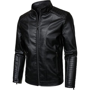 Wholesale <b>Men</b> Black PU <b>Leather</b> Moto <b>Jacket</b> Slim Fit Stand Collar Zipper Closure Autumn Style Regular Length Solid Color - Product Image 2