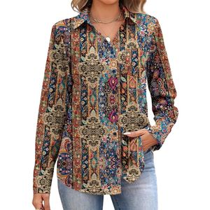 Custom Geometric Cotton Work Shirt <b>Women</b> Black White Graphic Print <b>Long</b> Sleeve Button <b>Blouse</b> Office Formal Businesswear - Product Image 5