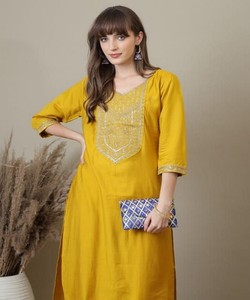 ชุดคุर्ติงานปักลายแฟนซีผ้าเรยอน สำหรับงานเทศกาล ราคาขายส่ง เสื้อผ้าชาติพันธุ์ สีเหลือง - Product Image 2