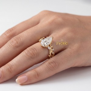 Anillo Romántico con Diamante Cultivado en Laboratorio, Corte Pera, VS, Diseño de Hoja Inspirado en la Naturaleza, Oro, para Compromiso, Boda, Aniversario, Propuesta de Matrimonio - Product Image 6