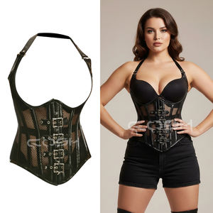 Fabricant sur mesure de corsets bustiers en PVC vinyle noir avec panneau en maille et sangle à boucle avant, lingerie corset - Product Image 6