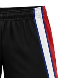 Shorts de netball unisexe noir, rouge et blanc, sublimés, en polyester, vêtements de sport athlétiques, avec bande latérale, pour l'entraînement et les matchs - Product Image 3