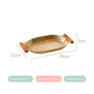 Premium Quality Gold Finished Oval Metal <b>Tray</b> With Wooden Handles For <b>Snacks</b> Or Drinks Serving And Tabletop Display From India - Product Image 6