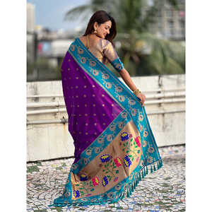 Elite Weaves <b>Purple</b> Rama Soft Silk Lotus Paithani <b>Saree</b> with Intricate Design Premium Handwoven Indian Traditional Wear 650g - Product Image 3