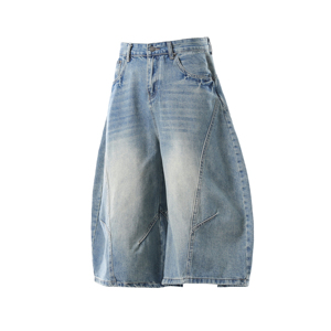 Jean en denim large pour homme, taille haute, coupe ample, délavé, patchwork, style décontracté d'été, en coton mi-lourd - Product Image 1